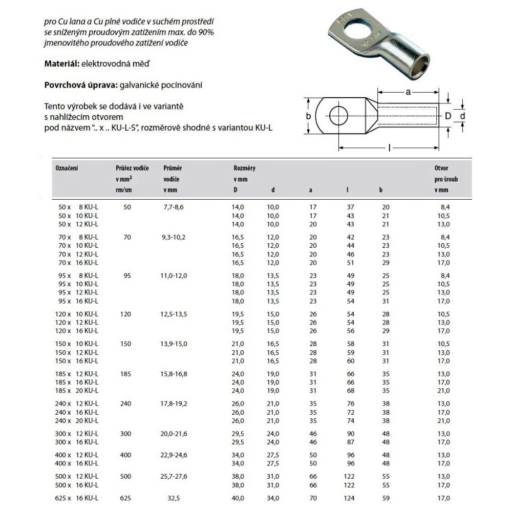 Kabelové oko lisovací Cu lehčené 50mm2/M12